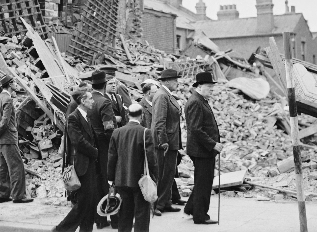 Winston Churchill in London's East End, 8 September 1940. Photograph: Len Puttnam / War Office, Imperial War Museums H 3978. Public domain; cropped.