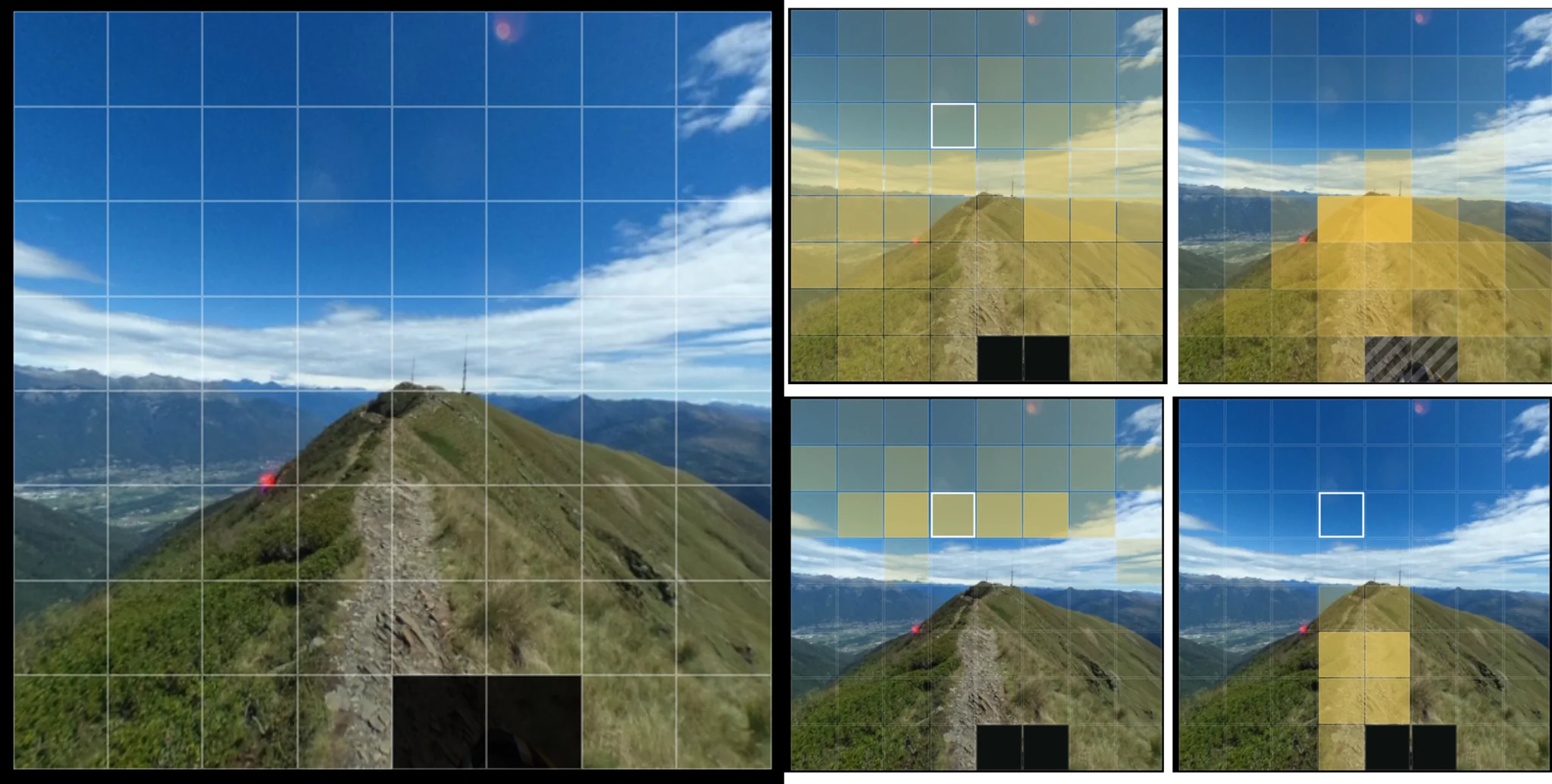 An eight-by-eight image grid and relationships among its visual features.
