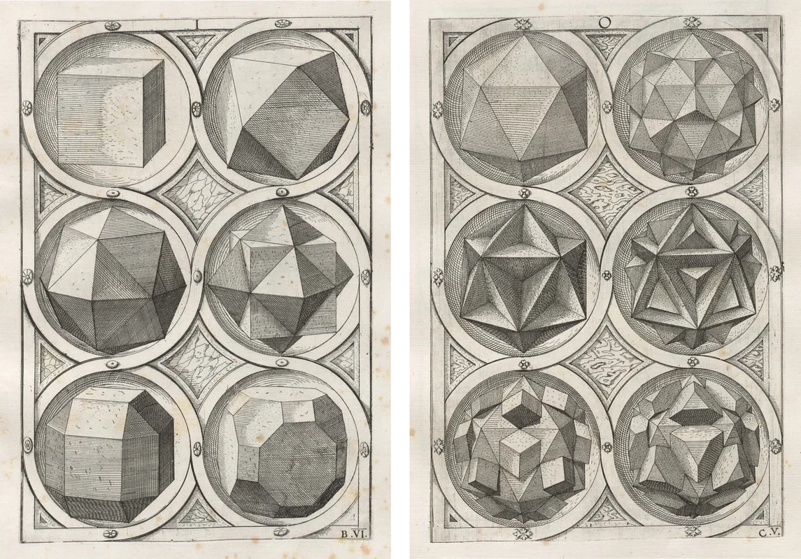 An earlier study of formal order: variations on geometric solids from Wenzel Jamnitzer's Perspectiva corporum regularium, 1568, plates B.VI and C.V. Etchings by Jost Amman after Jamnitzer's designs. Original works in the public domain.